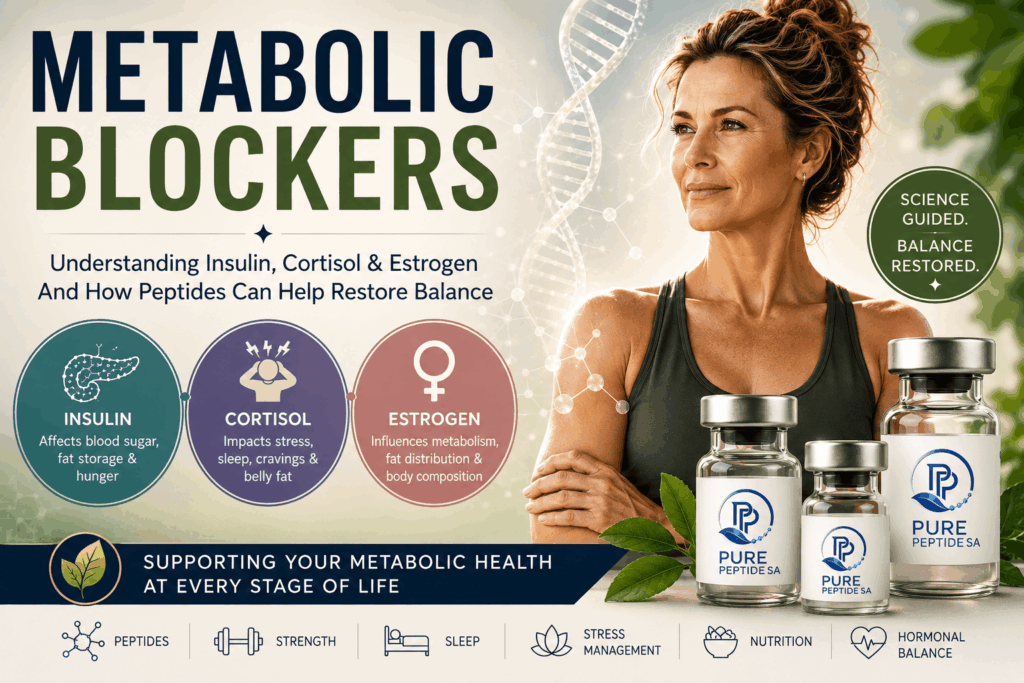 metabolic blockers infographic explaining insulin resistance, cortisol, estrogen and how peptide therapy may support metabolic health, weight ma
